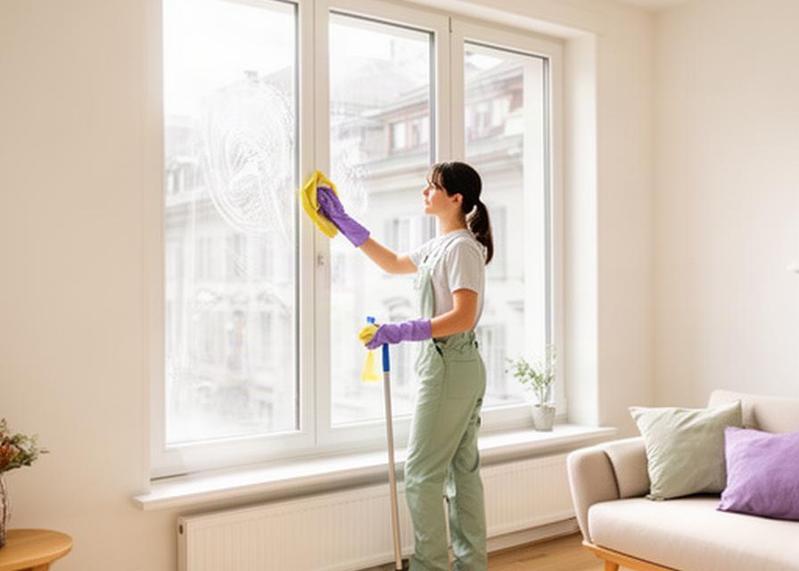 Freundliche Reinigungskraft in heller Zürcher Wohnung beim Fensterputzen mit Tageslicht